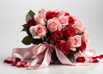 A romantic bouquet of red and pink roses, tied with a satin ribbon, set against a pure white background. generative AI