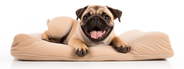 Happy smiling pug puppy lying on pet bed. Banner for pet shop, isolated on white background.  - obrazy, fototapety, plakaty