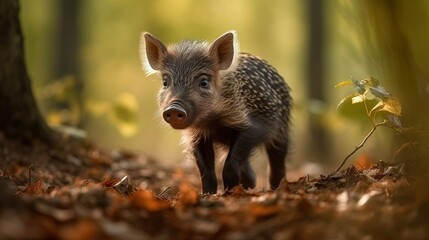 wild boar piglet in the spring forest on blurred background
