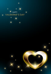 Elegant vector design for Valentine's day with shining golden heart in front of black background with blue light corners and sparkling stars