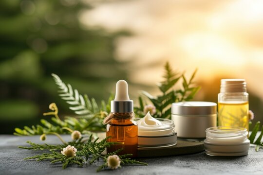 Skincare plant extract cream, antiaging wellness treatment perfume bottle. Body care salon service. Treatment line powder jar mockup. anti aging skincare line package soap foam pot