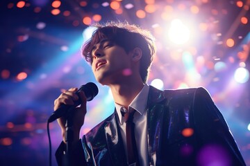 handsome Asian k-pop idol young man on stage singing into a microphone on bright concert bokeh...