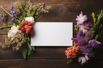 mockup white blank paper sheet with different wild flowers top view on wooden background, floral template empty card flat lay for design with copy space