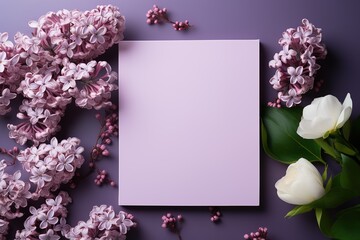 mockup white blank paper sheet with lilac flowers top view on purple background, floral template empty card flat lay for design with copy space