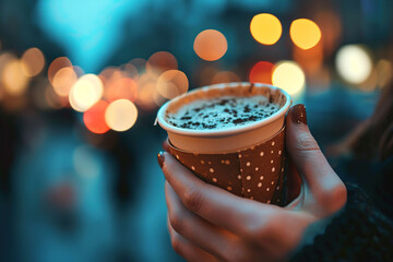 closeup of female hand holding a paper cup of hot drink takeaway coffee or tea on cold evening city...