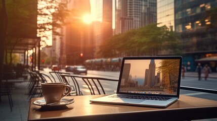 Fototapeta na wymiar outdoor office with laptop and coffee up on desk at Financial District, Manhattan while businessman go outside from his office.