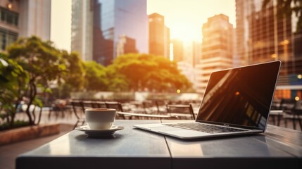 outdoor office with laptop and coffee up on desk at Financial District, Manhattan while businessman...
