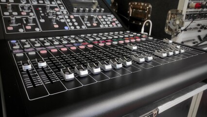 Obraz premium Studio sound mixer or equalizer in the voice recorder room to make the voice better while being recorded 