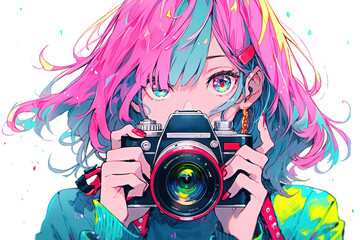portrait of a beautiful anime girl photographer with bright multicolored hair with a professional camera - obrazy, fototapety, plakaty