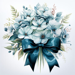 A bouquet of watercolor blue flowers with a lush bow. Generative AI technology.