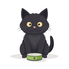 Vector Flat Black Cat with Green Pets Bowl. Cartoon Cat Icon Isolated. Black Cute and Funny Cat in Front View