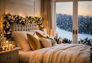 Beautiful Christmas white and gold wedding bedroom facing facing forward. Christmas reef in background Bed facing forward camera. Window in the back with snow falling outside. Full image. Close up vie