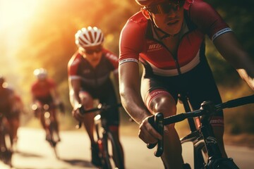 Vibrant close-up of professional cyclists in racing gear on scenic open road cycling route - obrazy, fototapety, plakaty