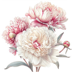 Watercolor pink peony on white background