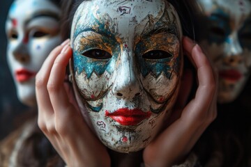 Fake emotion, character roles, intricate interplay of masks, moods, psychological defense mechanisms performed role-playing, concealing false visage for defense, theater Psychology psychoanalysis. 