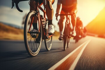 Group of professional cyclists with racing gear riding on an open road cycling route - obrazy, fototapety, plakaty