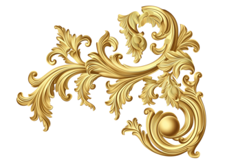 Golden baroque ornament elements isolated on white transparent background, png	