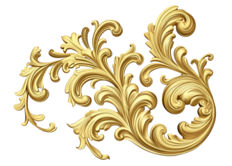 Golden baroque ornament elements isolated on white transparent background, png	