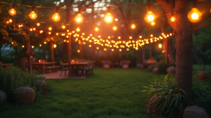 Twilight Ambiance in a Cozy Backyard With String Lights
