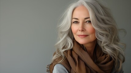 Serene Middle-Aged Woman With Silver Hair Posing in Soft Light - obrazy, fototapety, plakaty