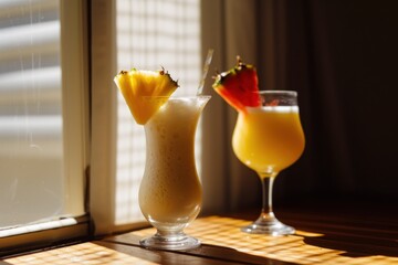 A frothy pina colada in a hurricane glass garnished with pineapple, with a blurred background, ideal for summer drink promotions, bar menu or advertisement  - obrazy, fototapety, plakaty