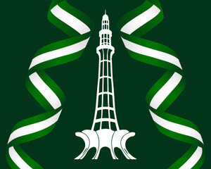 Pakistan Day, 23 March. The minaret of Pakistan and green and white ribbons on a green background. Poster, congratulatory banner, vector