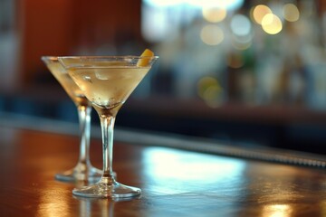 A cosmopolitan cocktail in a martini glass, with a soft-focus background with copy space, ideal for highlighting a bar's signature drinks, bar menu or promotion - obrazy, fototapety, plakaty