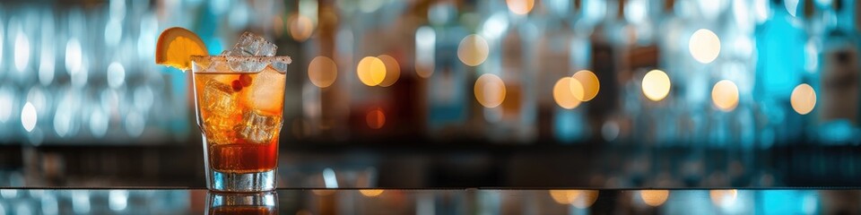 A banner with copy space and a hurricane cocktail in a curved glass on a reflective bar surface with blurred bottles in the background, ideal for bar ambiance promotion or advertisement  - obrazy, fototapety, plakaty