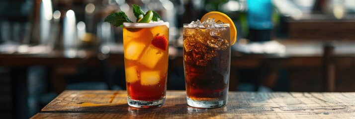Banner with two tall cocktails, one citrusy and one cola-colored, on a sunny bar table, ideal for a casual bar's daytime menu or advertisement 