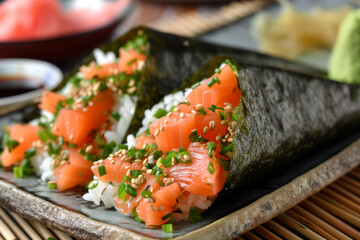 Culinary Temptation: Close-Up of Delectable Salmon Temaki - Sushi Delight