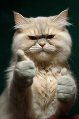 Fluffy White Cat With Raised Paws show thumbs up