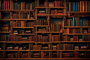 Poster Dive into the world of knowledge with a solid colorful background of a set of books arranged neatly on a table, each spine a portal to a different realm of imagination and discovery © Malik