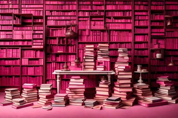 Immerse yourself in the whimsical beauty of a solid pink background setting the stage for a set of books resting on a table, their spines standing proudly, each a gateway to a different adventure and 