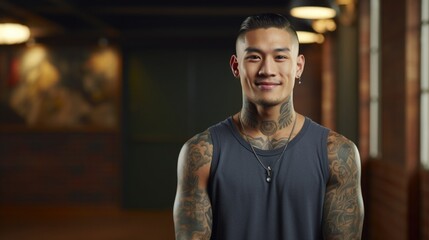 young asian man with tattoo smiling. portrait of a generation Z guy. drawing on the skin. self-expression and beauty