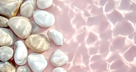 Keuken spatwand met foto White stones with sun lights shadow in clear ripple water. Sea stones in the sea water. Pebbles under water. top view. abstract spa background concept banner for cosmetic care product.  © Viks_jin