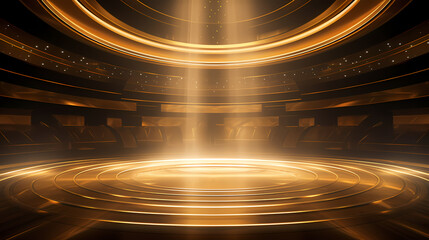 Luxurious and futuristic golden empty stage, golden particles background in stage shape - obrazy, fototapety, plakaty