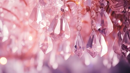 Crystal chandelier close-up. pink light glitter and bokeh texture or background. luxury life. Selective focus
