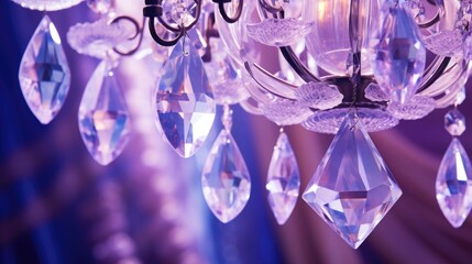 Crystal chandelier close-up. violet, lilac light glitter and bokeh texture or background. luxury life. Selective focus