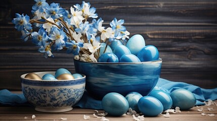 Traditional Easter colored eggs. The table is set for the holiday in blue tones. napkin and plate with treats.