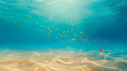 Fotobehang Soft gradients of cool tones reminiscent of a dreamy dive into the depths of a crystal clear ocean where sunlight dances on the sandy bottom and shoals of colorful fish dart © Justlight