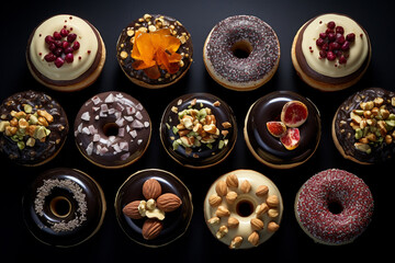 Fototapeta premium donuts, doughnuts, fried dough, pastries, sweet rings, treats, icing baking pastries chocolate marshmallow tasty yummy delicious, sugar round unhealthy fat food glazed candy.