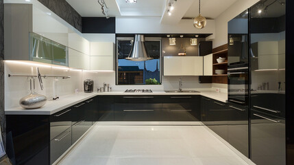 Interior design decor showing modern kitchen and appliances in luxury. Generative Ai