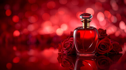 Fragrant perfume with red roses on a red isolated background with bokeh