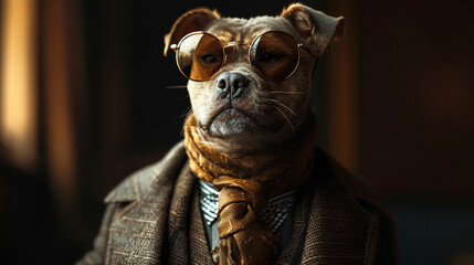 Fashion dog in shades, Cool looking dog wearing funky fashion dress - jacket, tie, sunglasses, plain colour background, stylish animal posing as supermodel. Generative AI image