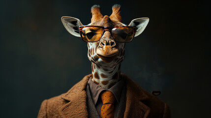 Fashion giraffe in shades, Cool looking giraffe wearing funky fashion dress - jacket, tie, sunglasses, plain colour background, stylish animal posing as supermodel. Generative AI image