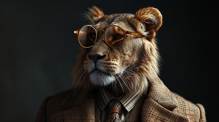 Fashion lion in shades, Cool looking lion wearing funky fashion dress - jacket, tie, sunglasses, plain colour background, stylish animal posing as supermodel. Generative AI image - Powered by Adobe