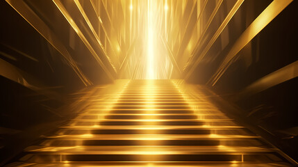 Luxurious and futuristic golden empty stage, golden particles background in stage shape