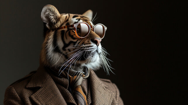 Fashion tiger in shades, Cool looking tiger wearing funky fashion dress - jacket, tie, sunglasses, plain colour background, stylish animal posing as supermodel. Generative AI image