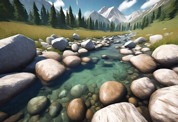 A crystal-clear mountain stream with smooth stones - obrazy, fototapety, plakaty
