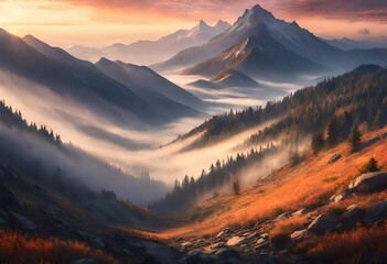 A sunrise over a misty mountain range